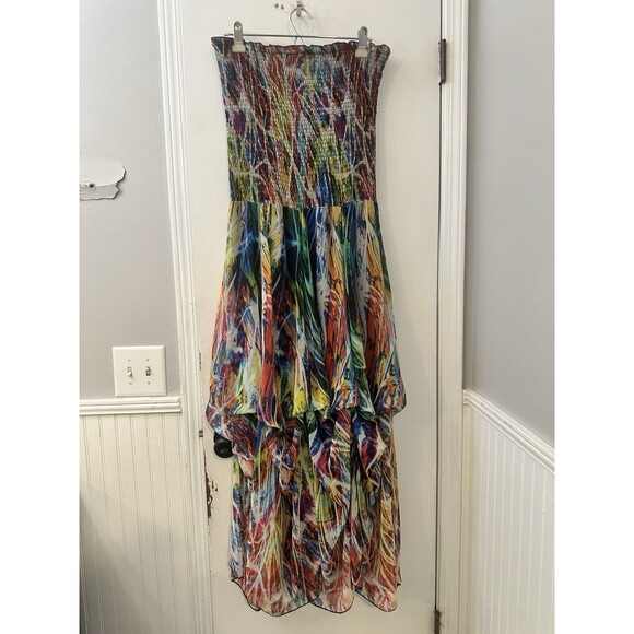 Alberto Makali L Multicolor Strapless Smocked Bodice Layered Maxi Dress Boho - Picture 2 of 11